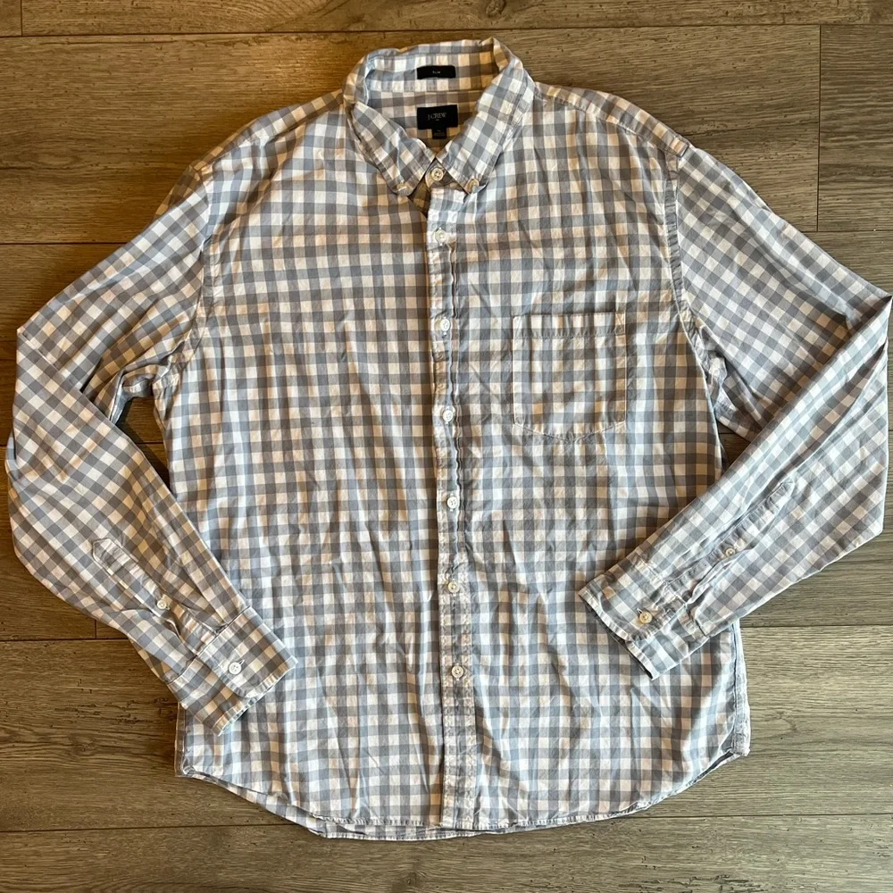 J. Crew Factory Men’s Slim Fit Long Sleeve Button Down Shirt Gray White Plaid XL